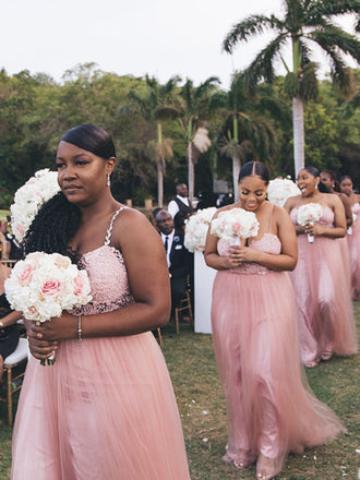 New Arrival V-neck Lace Tulle A-line Long Bridesmaid Dresses, BDS0142