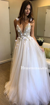 Spaghetti Straps A-line Tulle Open Back Charming Wedding Gown,WDS0117