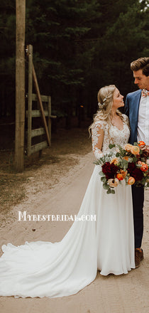 Newest V-neck A-line Long Sleeve Chiffon Lace Long Wedding Dresses, WDS0072