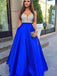 A-line V-neck Beaded Dark Blue Satin Prom Dresses,Cheap Prom Dresses,PDY0479