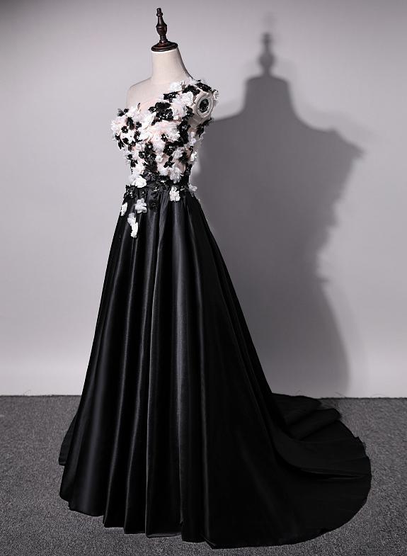 One Shoulder Handmade Flower Black A-line Long Evening Prom Dresses,Evening Dresses PDY0231