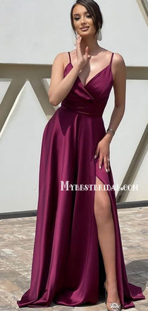 Simple Spaghetti Strap Side Slit A-line Long Prom Dresses, PDS0176