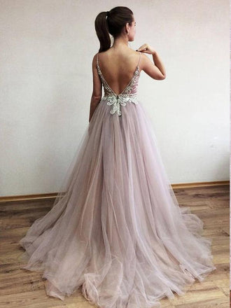 Simple A-line V-back Pink Tulle Prom Dresses,Cheap Prom Dresses,PDY0525