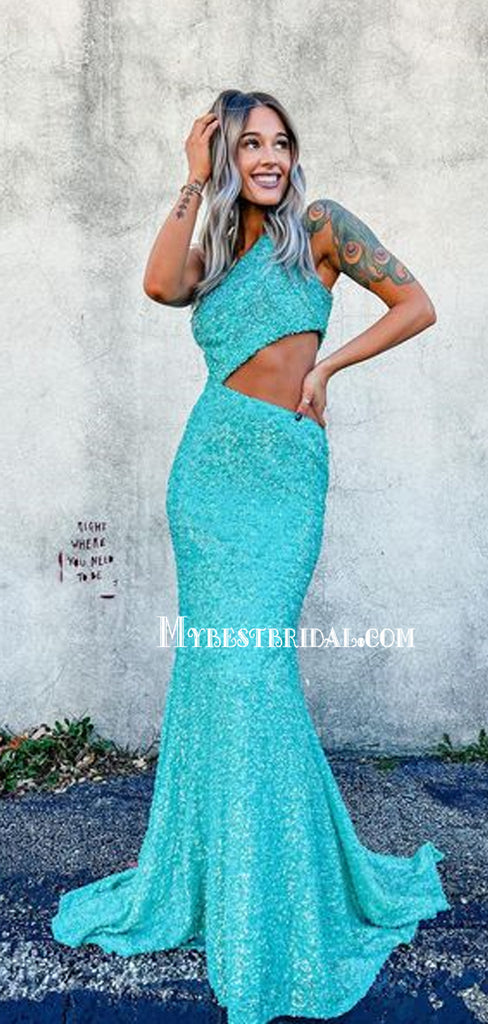 Sexy One-shoulder Mermaid Sequin Simple Long Prom Dresses, PDS0195