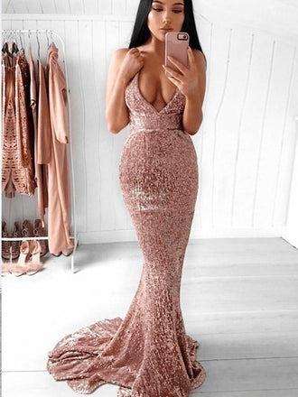 Mermaid Rose Pink Sequined Prom Dress,Cheap Prom Dresses,PDY0541