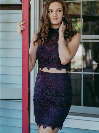 Two Piece Purple Lace Beaded Tight Homecoming Dress,Short Prom Dresses,BDY0340