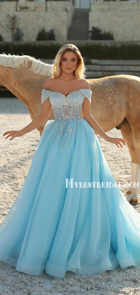 Newest Off-shoulder A-line Tulle Long Prom Dresses Online, PDS0166