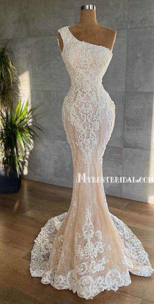 Simple One-shoulder Lace Mermaid Cheap Beach Wedding Dresses Online, WDY0257
