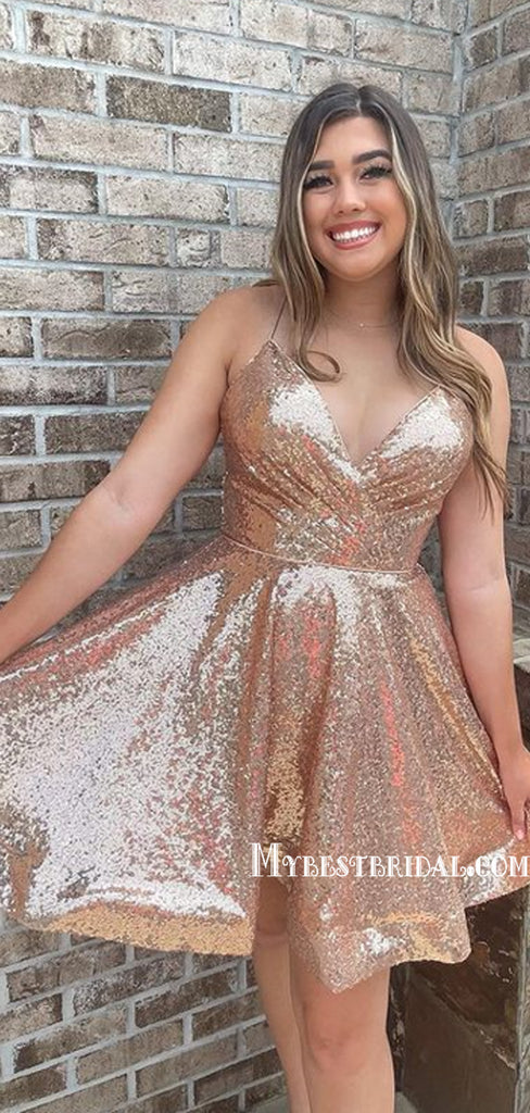 Spaghetti Strap A-line Sequin Short Homecoming Dresses, HDS0049