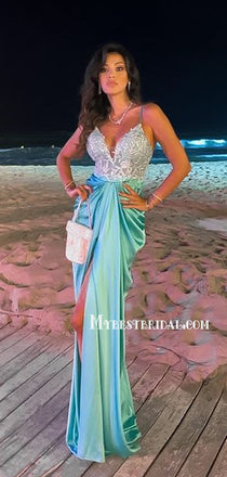 Spaghetti Strap Simple Mermaid Side Slit Long Prom Dresses, PDS0181