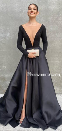 Sexy V-neck Long Sleeve A-line Satin Black Simple Long Prom Dresses, PDS0228