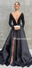 Sexy V-neck Long Sleeve A-line Satin Black Simple Long Prom Dresses, PDS0228