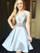 A-Line V-Neck Light Sky Blue Satin Beaded Homecoming Dress,Short Prom Dresses,BDY0335