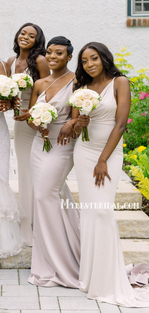 Sexy V-neck White Mismatched Mermaid Long Bridesmaid Dresses, BDS0160