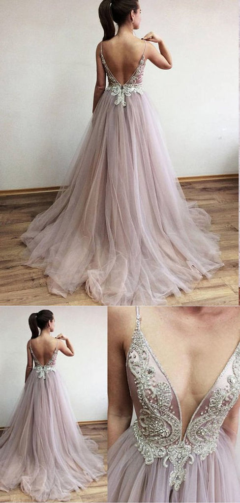 Simple A-line V-back Pink Tulle Prom Dresses,Cheap Prom Dresses,PDY0525