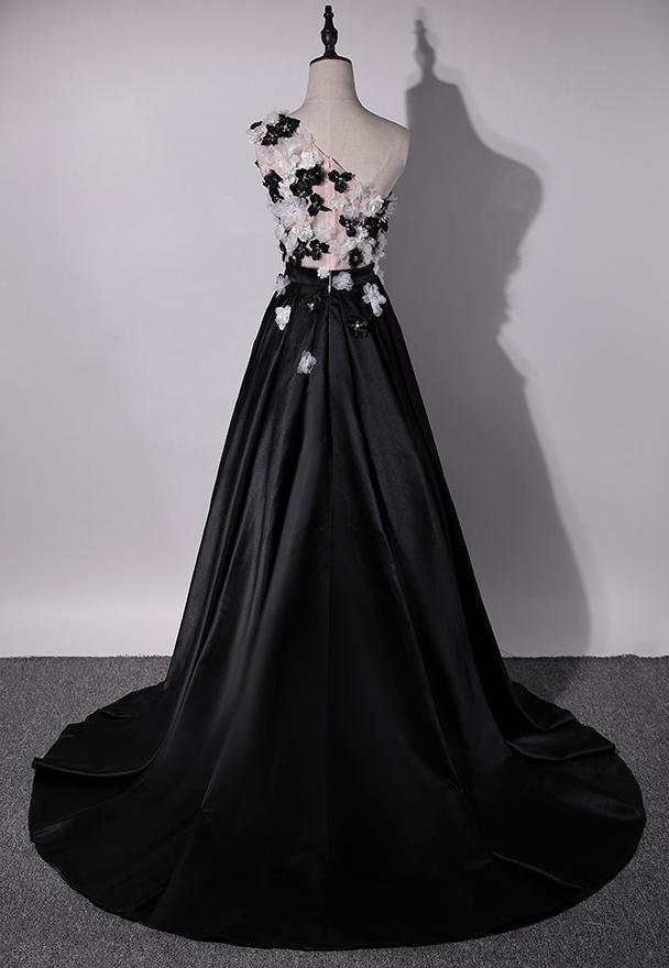 One Shoulder Handmade Flower Black A-line Long Evening Prom Dresses,Evening Dresses PDY0231