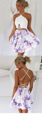 Sexy A-Line V-Neck Lace-up Short Floral Short Homecoming Dresses ,BDY0272