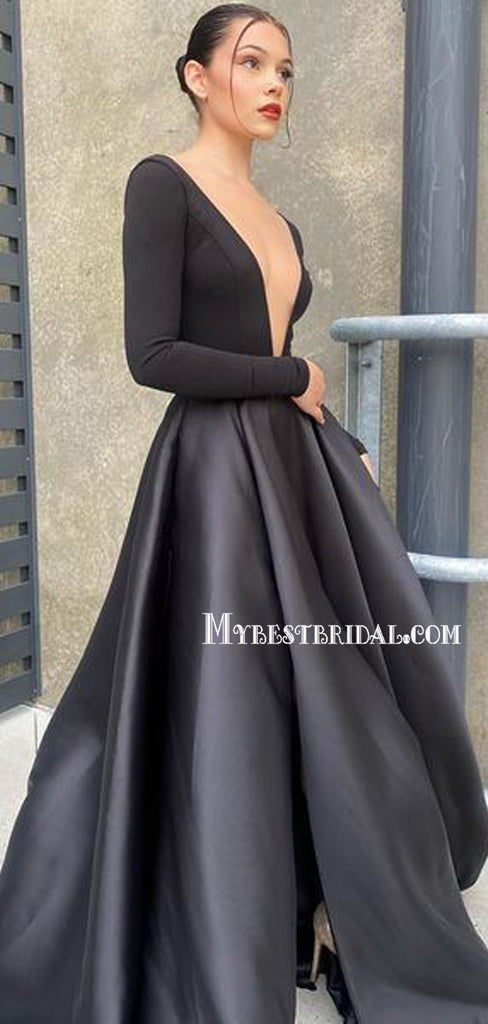 Sexy V-neck Long Sleeve A-line Satin Black Simple Long Prom Dresses, PDS0228