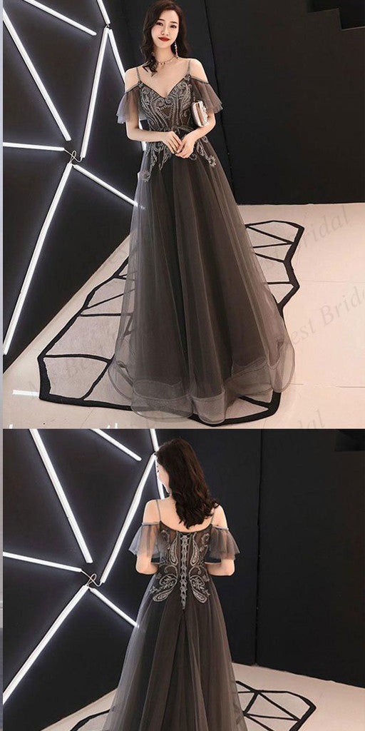 A-line Grey Off-the-Shoulder Tulle Evening Dresses ,Cheap Prom Dresses,PDY0588