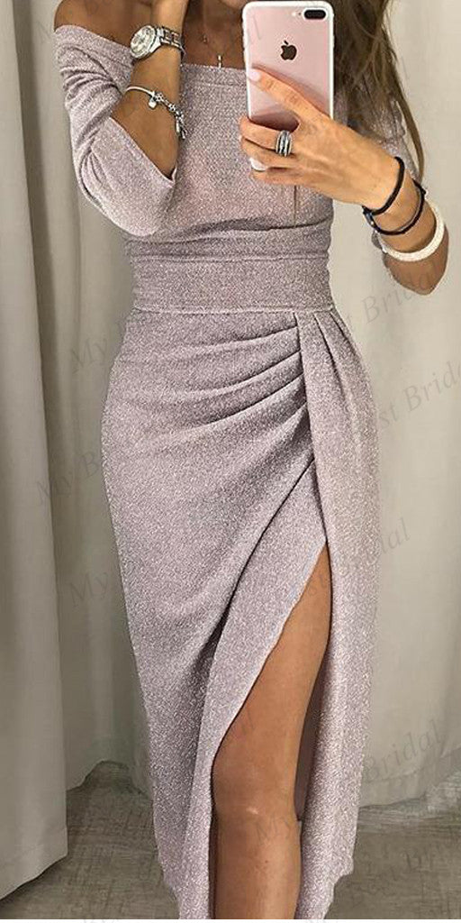 Sheath Off The Shoulder Tea Length Sequined Evening Dresses ,Cheap Prom Dresses,PDY0595
