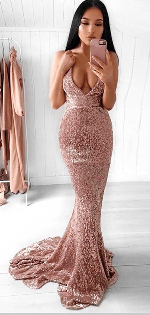 Mermaid Rose Pink Sequined Prom Dress,Cheap Prom Dresses,PDY0541