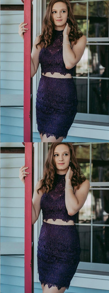 Two Piece Purple Lace Beaded Tight Homecoming Dress,Short Prom Dresses,BDY0340