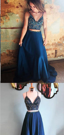 Two Piece Spaghetti Straps Beaded Blue Satin Prom Dresses,Cheap Prom Dresses,PDY0493
