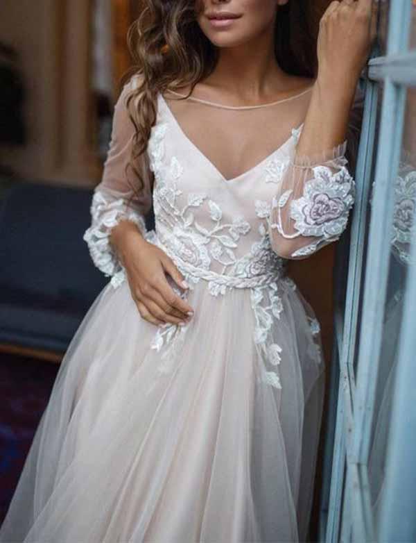 Charming A Line Long Sleeves Ivory Tulle Evening Dresses,Cheap Prom Dresses,PDY0569