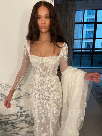 Sexy Square neckline Long sleeves Mermaid Lace applique Wedding Dresses, WDY0205