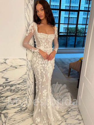 Sexy Square neckline Long sleeves Mermaid Lace applique Wedding Dresses, WDY0205