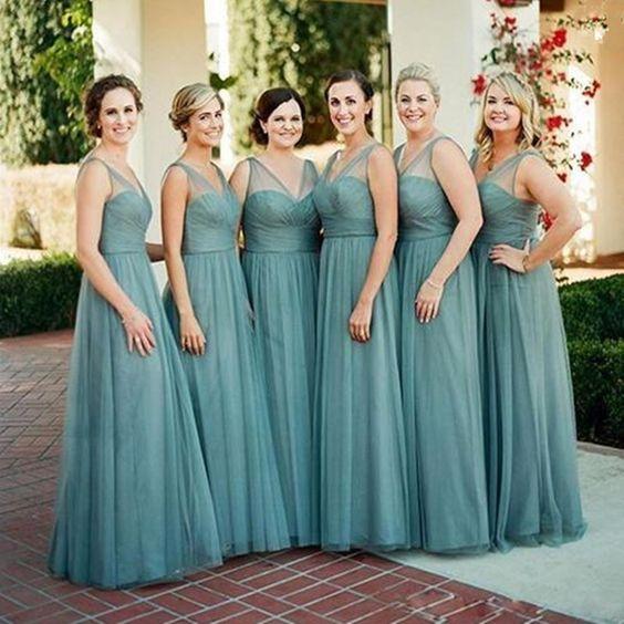 V-neck Green Tulle Long A-line Bridesmaid Dresses, Popular Cheap Wedding Guest Dresses, BG0344