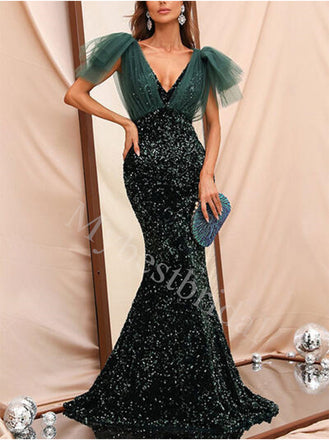 Elegant V-neck Sleeveless Mermaid Prom Dresses,PDS0838