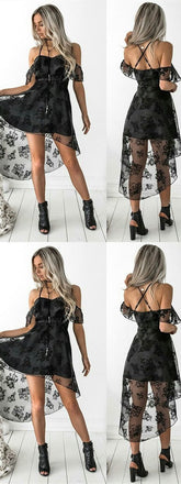 High Low Homecoming Dress with Ruffles, Spaghetti Straps Homecoming Dress, Black Lace Homecoming Dress,BDY0265