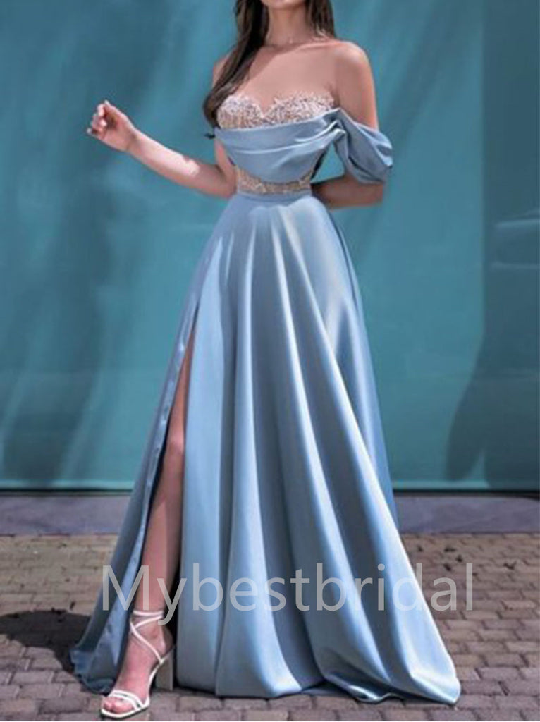 Elegant One-shoulder Sweetheart Side slit A-line Prom Dresses, PDS0473