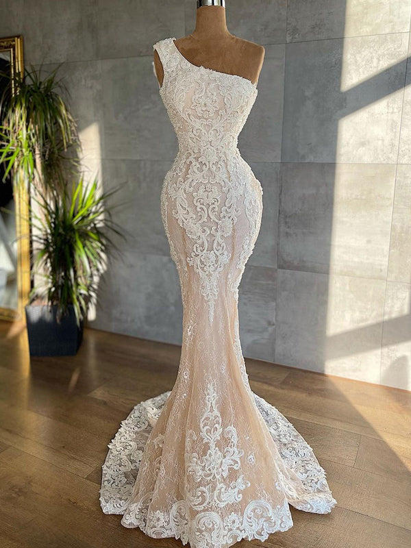 Simple One-shoulder Lace Mermaid Cheap Beach Wedding Dresses Online, WDY0257