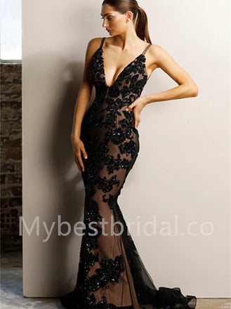 Sexy Spaghetti straps V-neck Mermaid Prom Dresses,PDS0550