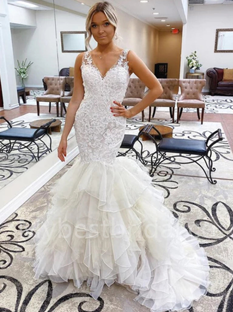 Elegant V-neck Sleeveless Mermaid lace applique Wedding Dresses, WDY0282