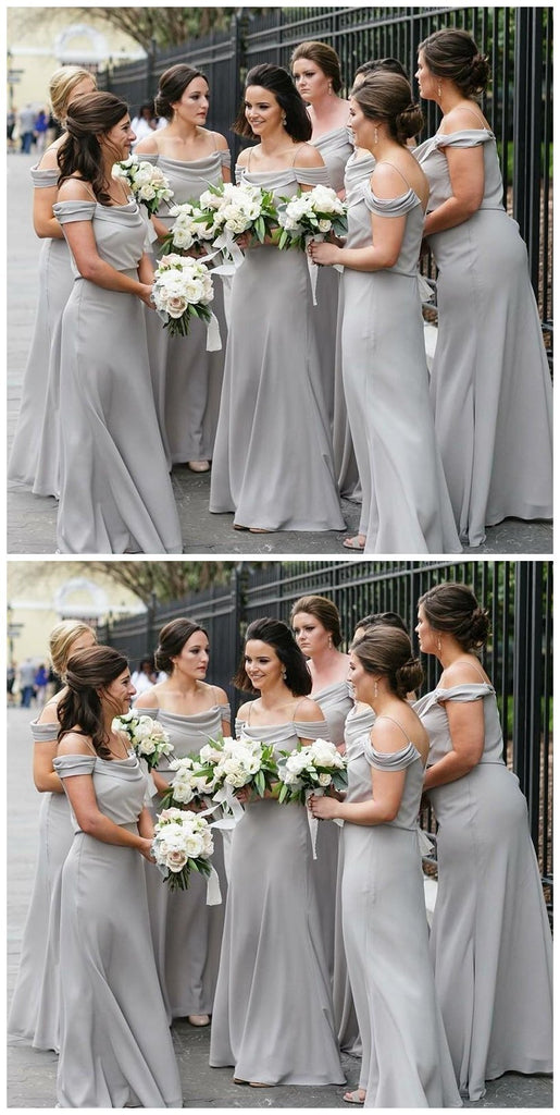 Off Shoulder Spahgetti Straps Grey Chiffon Long Bridesmaid Dresses Online, WGY0280