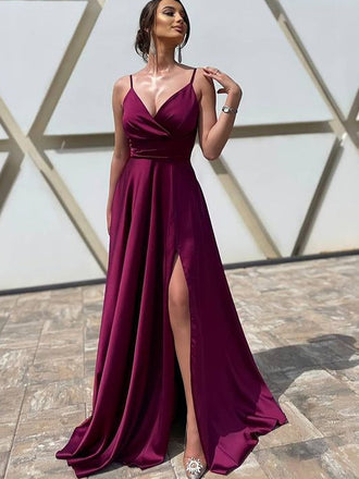 Simple Spaghetti Strap Side Slit A-line Long Prom Dresses, PDS0176