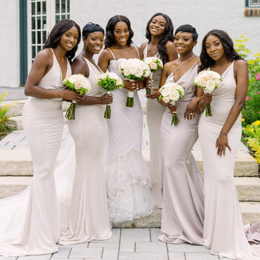 Sexy V-neck White Mismatched Mermaid Long Bridesmaid Dresses, BDS0160