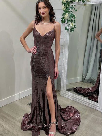 Spaghetti Straps Mermaid Side Slit Simple Prom Dresses PDS0302