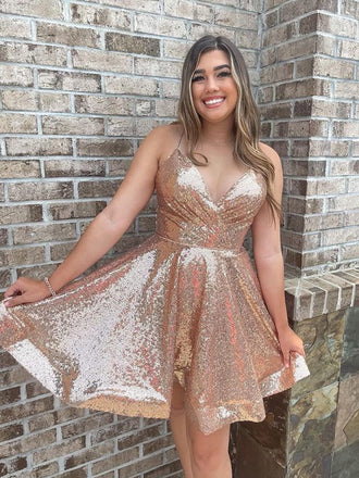 Spaghetti Strap A-line Sequin Short Homecoming Dresses, HDS0049