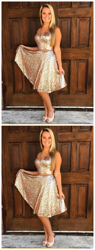 Sparkly Simple V Neck Cheap Two Piece Sequin Homecoming Dresses 2018, BDY0261