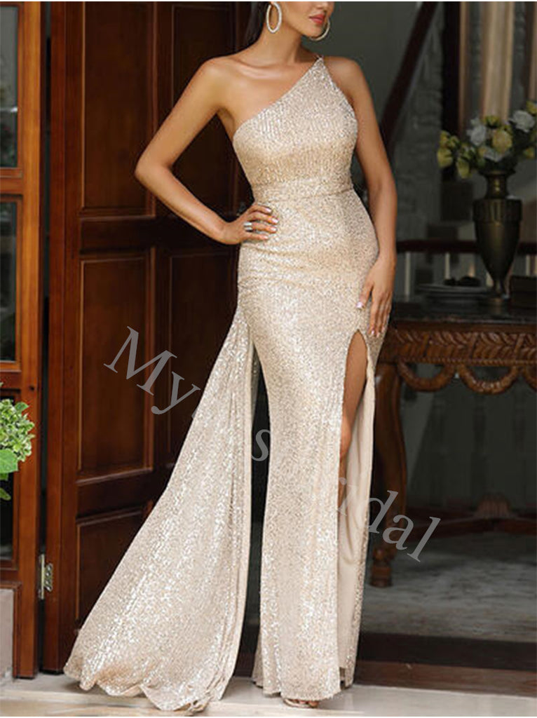 Elegant One shoulder Side slit Mermaid Prom Dresses,PDS0882
