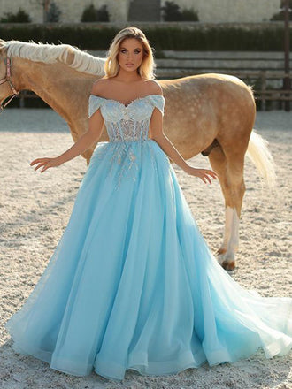 Newest Off-shoulder A-line Tulle Long Prom Dresses Online, PDS0166