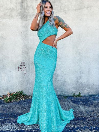 Sexy One-shoulder Mermaid Sequin Simple Long Prom Dresses, PDS0195