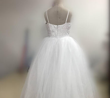 Spaghetti Lace Tulle Ball Gown, Long White Flower Girl Dresses ,Cheap Flower Girl Dresses ,FGY0166