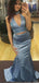 Two Piece Mermaid High Neck Blue Satin Evening Dresses,Cheap Prom Dresses,PDY0570