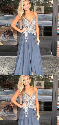 Spaghetti Straps Grey Lace Long Prom Dresses ,Cheap Prom Dresses,PDY0448