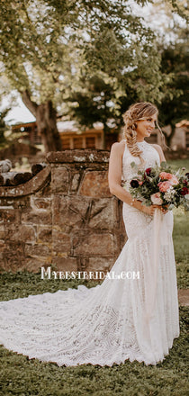 Newest Halter Mermaid Sleeveless Lace Long Wedding Dresses, WDS0073